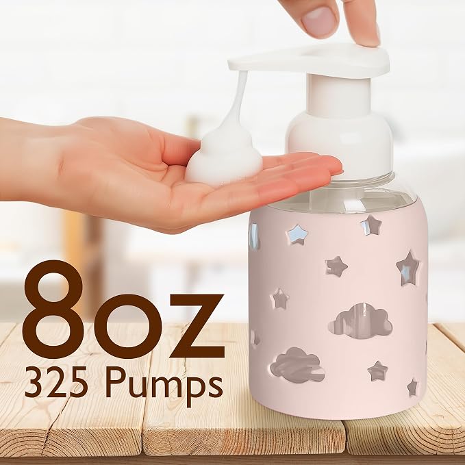 SoCal Suds & Company Foaming Hand Soap Dispenser Glass, Liquid Soap Pump with Cloud & Star Sleeve, Refillable Bottle for Kids, Baby Wash & Shampoo, Ideal for Bathroom & Kitchen Use, Light Pink, 8oz