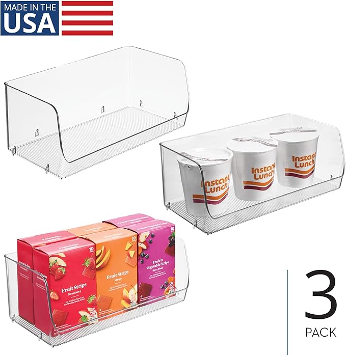 iDesign Stackable Open-Front Storage Bins for Kitchen and Pantry Organization - Set of 3 - Clear