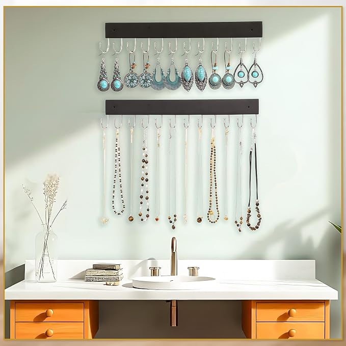 Dntorx Hanging Jewelry Organizer, 2 Pack Necklace Holder for Wall Wooden Necklace Organizer Hangers Wall Mount with 24 Hooks Jewelry Display Hangers for Necklaces, Bracelets, Earrings, Keys