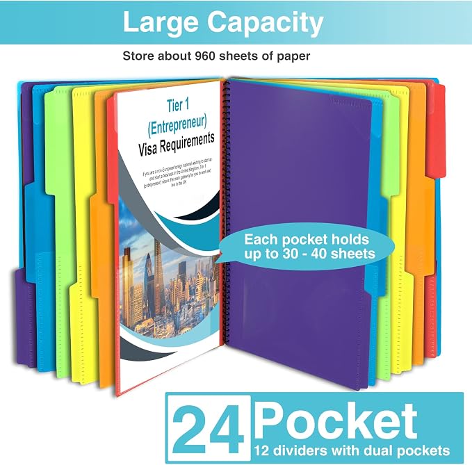 Forvencer 24 Pocket Project Organizer, 1/3-cut Tab Binder Organizer with Sticky Labels, Multi Pocket Folder with Zipper Pouch, Folder Binder Spiral Pocket Notebook, Office Supplies, Letter Size, Blue