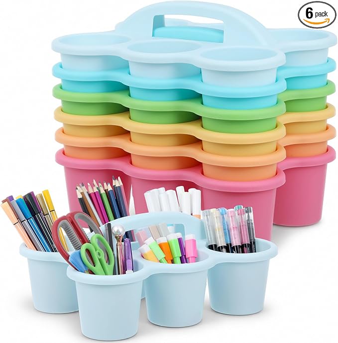 6 pack Classroom Caddy with Handle plastic supply caddy with 6 Compartments Drink Cup Caddies Holder Portable Desk Crayon Storage Caddy for Teacher Kids Office School (Pastel)