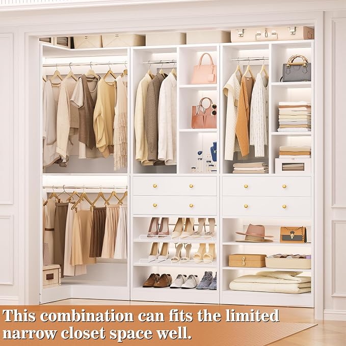 Besiost Closet System with 4 Drawers and Hanging Rods, 59.5"L / 87"L Closet Organizer System with Corner Tower, L Shaped Walk-in Closet System, Corner Closet System with Shelves, Set of 3, White