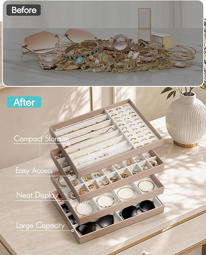 VLANDO Stackable Jewelry Tray, Drawer Organizer for Bracelets,Toffee | Wide Sections, Soft Velvet Lining, Dresser Display for Bangles, Watches, Bracelets, Gift for Women Girl