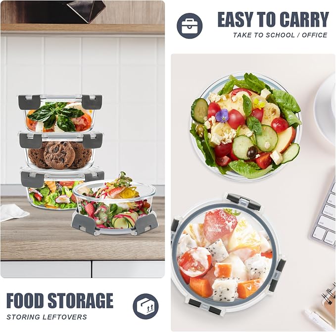 6 Pack, 21oz Round Glass Food Storage Containers with Airtight Lids, Grey | Portion Control Containers Set, Ideal for Meal Prep, Leftovers, Freezer to Microwave Safe