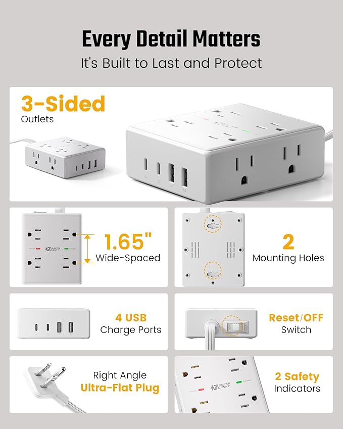 SUPERDANNY Extension Cord,Flat Plug Surge Protector Power Strip,6Ft | 8 AC & 4 USB Ports (2 USB C),Surge Protector with 1050J,Desk Charging Station for Home Office,College Dorm Room Essentials