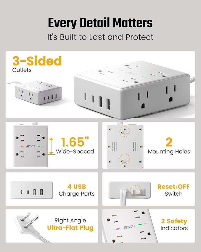 SUPERDANNY Extension Cord,Flat Plug Surge Protector Power Strip,15Ft | 8 AC & 4 USB Ports (2 USB C),Surge Protector with 1050J,Desk Charging Station for Home Office,College Dorm Room Essentials