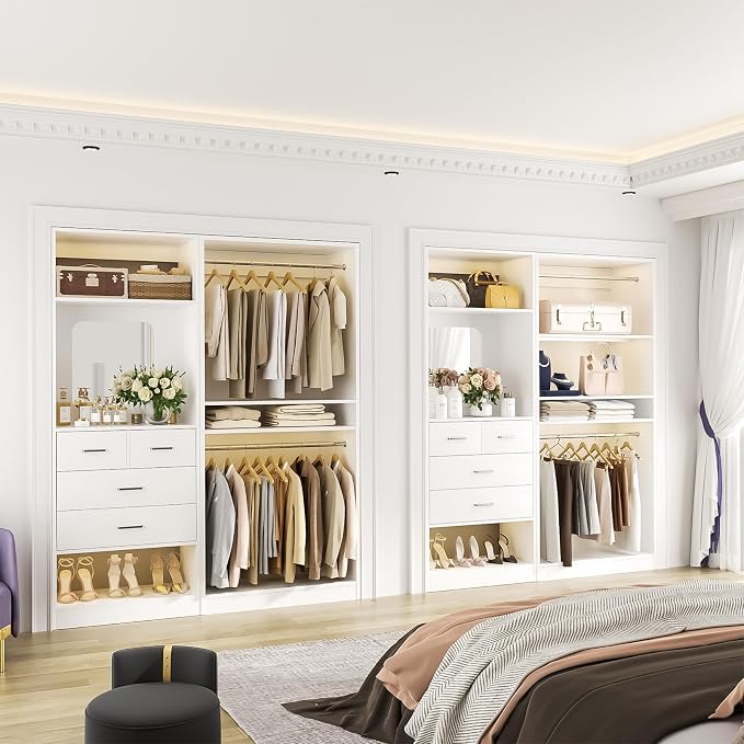 Unikito 61" Closet System, Heavy Duty Wood Closet Organizer with 2 Hanging Rods, Walk-in Wardrobe Garment Rack with Adjustable Shelves, Free-standing Clothing Rack, White