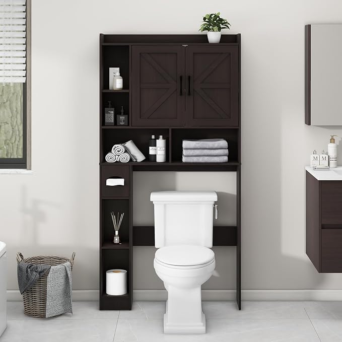 Vabches Over The Toilet Storage Cabinet with 2 Barn Doors, Espresso | Farmhouse Storage Cabinet with Toilet Paper Holder Stand，Home Space-Saving Toilet Rack, for Bathroom, Restroom, Laundry