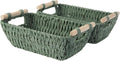 StorageWorks Round Paper Rope Woven Basket with Wooden Handles for Gifts, Small Woven Baskets for Shelf, Bosana Green, 2-Pack