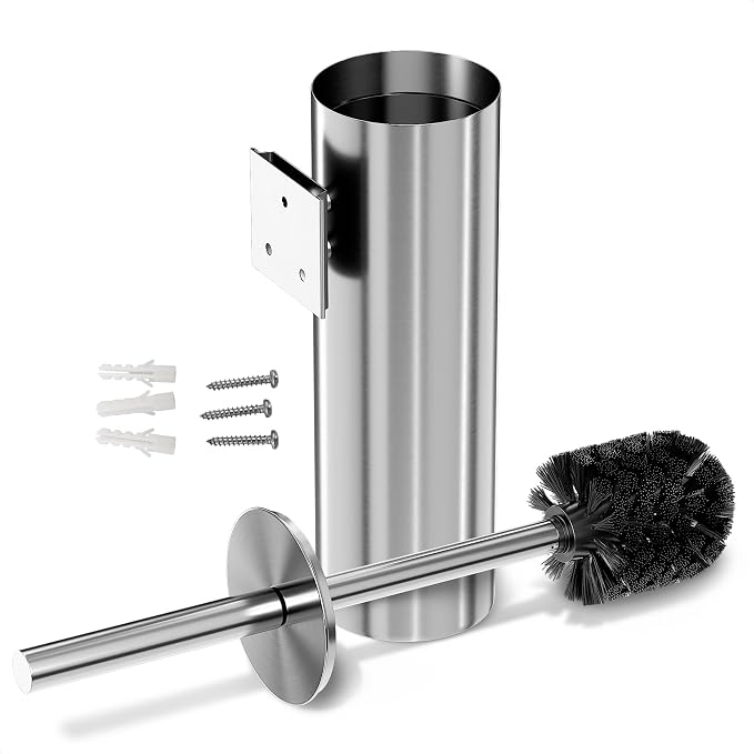 Wall Mounted Toilet Brush and Holder Set, Stainless Steel (Silver) | Stainless Steel Toilet Brush and Holder Set, Removable Inner Bowl, Dense Bristles, Rustproof, for Modern Bathroom Walls