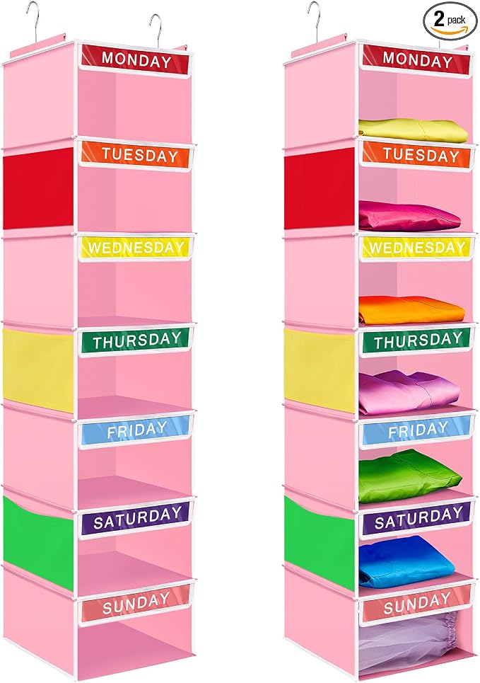 Amylove 2 Pcs 7 Shelf Weekly Clothes Organizer for Kids Hanging Closet Organizer 11. 8 x 11. 8 x 50 Inches Daily Activity Kids Clothes Storage Drawers Cube Drawers Closet Hanging Shelves(Pink)