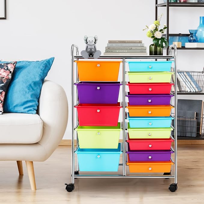 COSTWAY 15 Drawer Rolling Storage Cart, Mobile Storage Organizer | Removable Drawers & Metal Frame, Multipurpose Utility Tools Paper Organizer on Wheels for Home, Office (Multi-color)