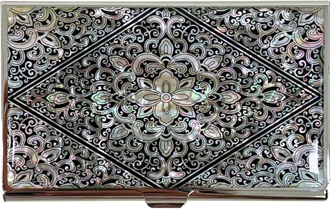 Mother of Pearl Business Card Case Credit Id Name Holder Travel Wallet Art Painting Design Metal Stainless Steel Engraved Slim Purse Pocket Cash Money Wallet (Diamond Arabesque)