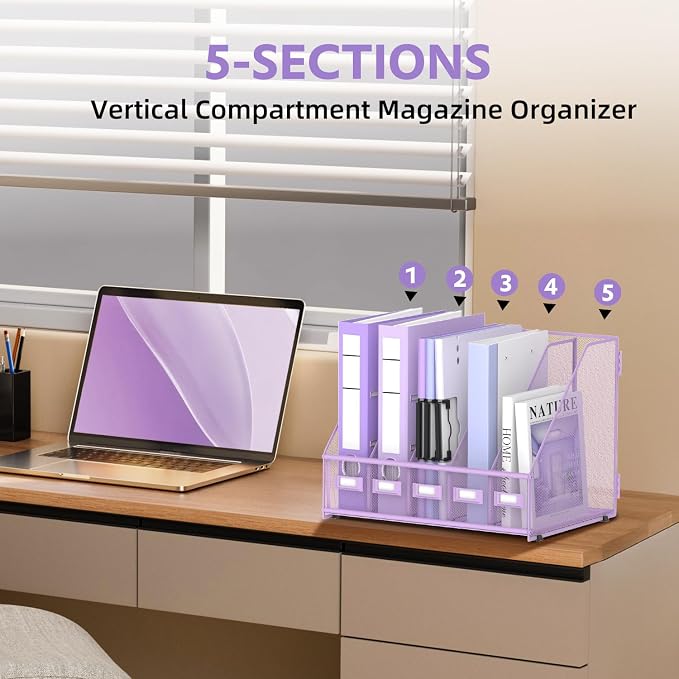 5 Vertical Compartments Magazine Holder, Metal Binder Organizer, Purple | Space-Saving Desktop Storage, Built-In Label Holders, Anti-Slip Feet, Sized for Binders, Folders, Magazines and Files