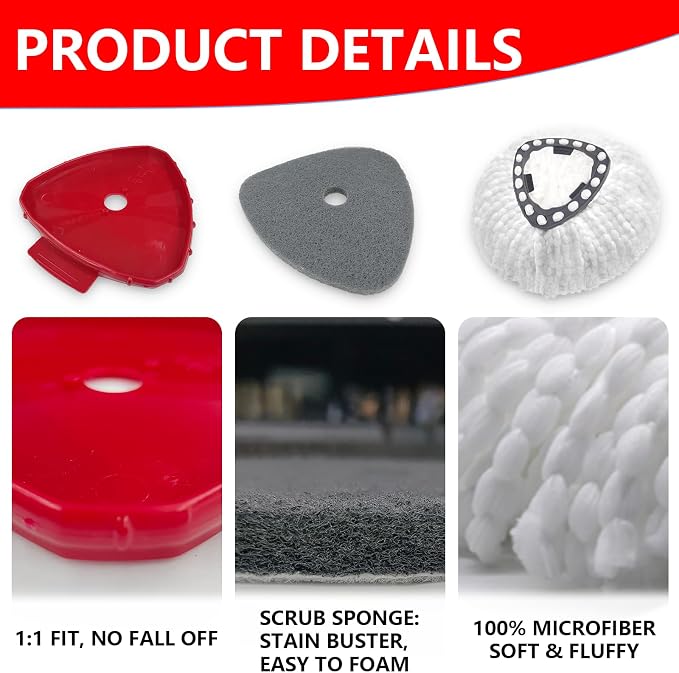 5 Pack Spin Mop Replace Head for O Cedar EasyWring 1 Tank, Includes 2 Microfiber Mop Replacement Refill, 2 Prone to Foaming Scrubber Sponge Brushes & 1 Connector for Kitchen, Bathrooms, Glass