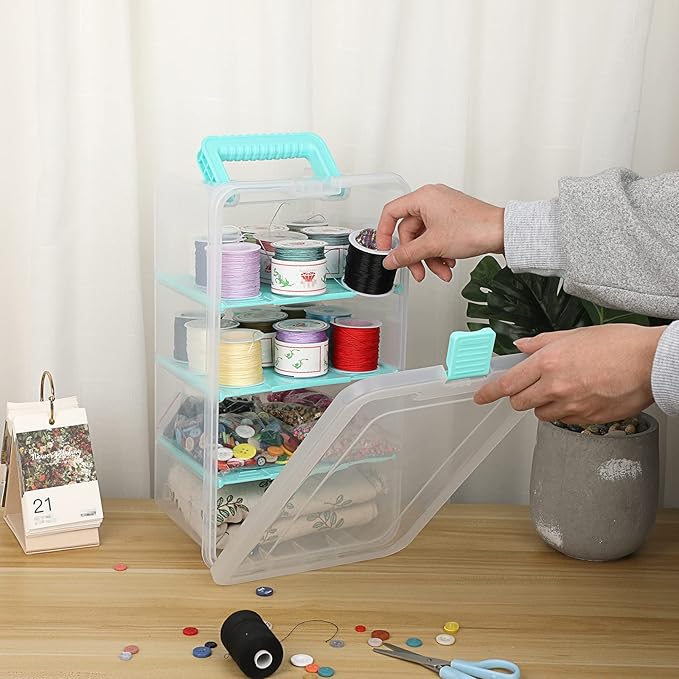 BTSKY Clear Plastic Dividing Storage Box with 4 Deep Compartment Sewing Box | 13.9x7.9x6.2 Inches Adjustable Storage Bin with Lid Portable Craft Storage Container Multipurpose Art Supply Organizer Blue