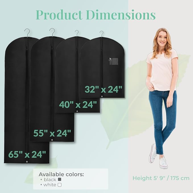 4-Pack Breathable Garment Bags for Hanging Clothes – Dust-Proof Suit & Dress Covers with Clear Window – Waterproof, Foldable Closet Storage Organizer for Coats, Gowns, and Jackets (Black, 40")