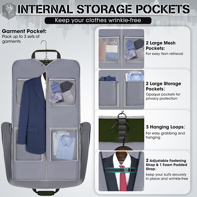 RAINSMORE Garment Bags for Travel Carry On Garment Bag for Hanging Clothes, Suit Bag for Business Trips with Shoes bag & Shoulder Strap, Waterproof Foldable Suit Luggage Bag for Men Women, Green
