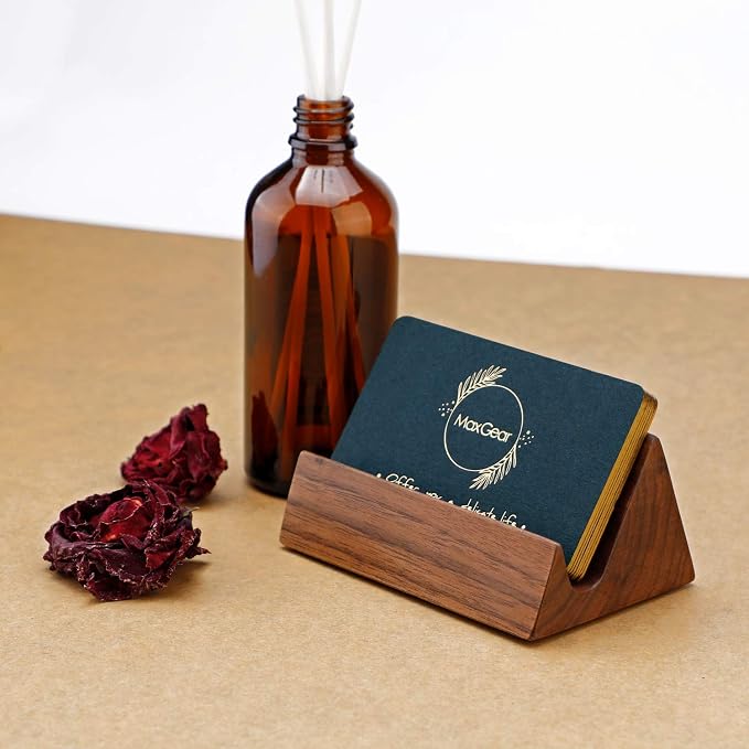 MaxGear Walnut Wood Business Card Holder | Wooden Desk Organizer for Storing & Displaying Business Cards, Elegant Mountain Design with Non-Slip Base for Office