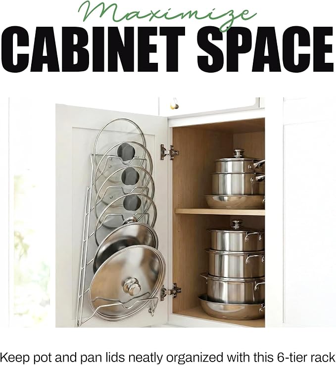Evelots 6-Tier Pot Lid Organizer for Cabinet Door or Pantry Wall, 6-Slot Pots and Pans Lid Holder Rack, Kitchen Cabinet Storage Organizer for Glass & Metal Pan Covers, Chrome Finish, 1 Pack
