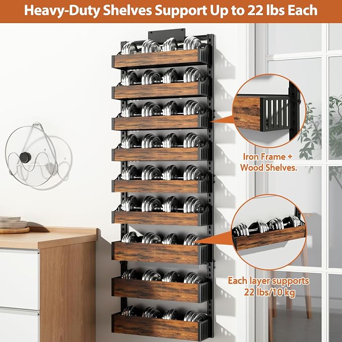 Over the Door Pantry Organizer: Pantry Organization and Storage with Hanging Basket - 9-Tier Metal Spice Rack Adjustable Shelves for Kitchen Bedroom Bathroom & Laundry Room Black
