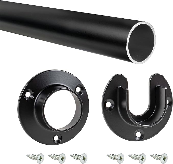 Outwater 32" Black Aluminum Closet Rod Kit – 1-5/16" Diameter with Matching U & O Flanges and Mounting Screws