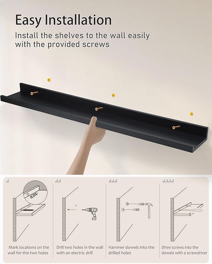 48 Inch Long Floating Shelves for Wall, Black Picture Ledge Shelf Wall Mounted Bathroom Long Ledge Set of 2, Floating Photo Shelf with Grooves for Books Bedroom Living Room Kitchen Spice Rack