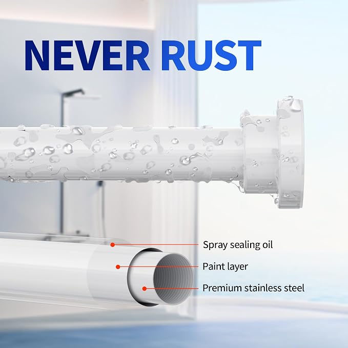 Mcrbeay Shower Curtain Rod, 1" Diameter Heavy Duty Tension Shower Rod, Non Slip Adjustable 28-102 inch No Drilling Shower Curtain Rods Spring Tension For Bathroom, Shower Stall, No Rust, White