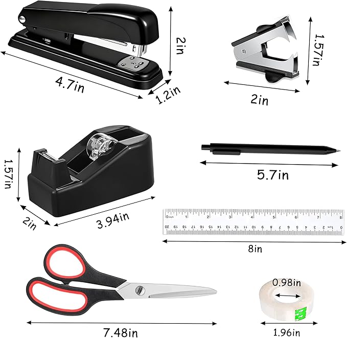 Dimonluce Office Desk Accessories, Black Office Supplies Accessories with Tape Dispenser, Stapler, Staple Remover, 1000 Staples, Tape, Clips Set, Ruler, Scissor, Pen