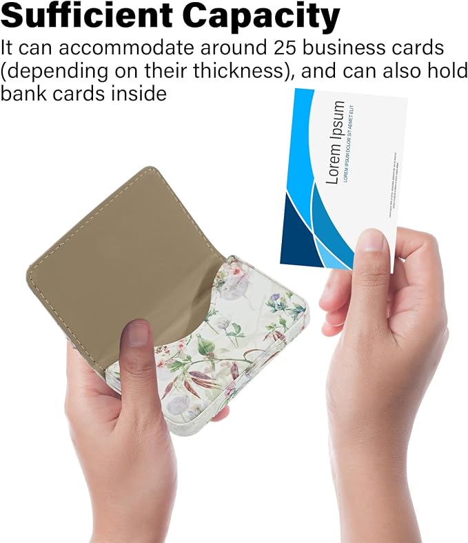 Business Card Holder，PU Leather Business Card Case Color Printing Pattern Card Holder Wallet，Pockets Magnetic Credit Card Holders for Men and Women - White Flowers