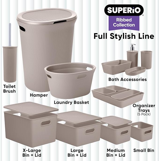Superio Ribbed Collection - Decorative Plastic Basket Open Home Storage Bins Organizer, Large Taupe (6 Pack) Container Boxes for Organizing Closet Storage Bins for Shelves 15 Liter/16 Quart