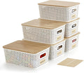 Bagnizer Small Plastic Storage Bins with Bamboo Lids 5.2qt Stackable Box Basket Pantry Decorative Containers Cute with Lable for Organizing Desktop Closet Office Cream White of 6 packs 10*7.2*4.1'’