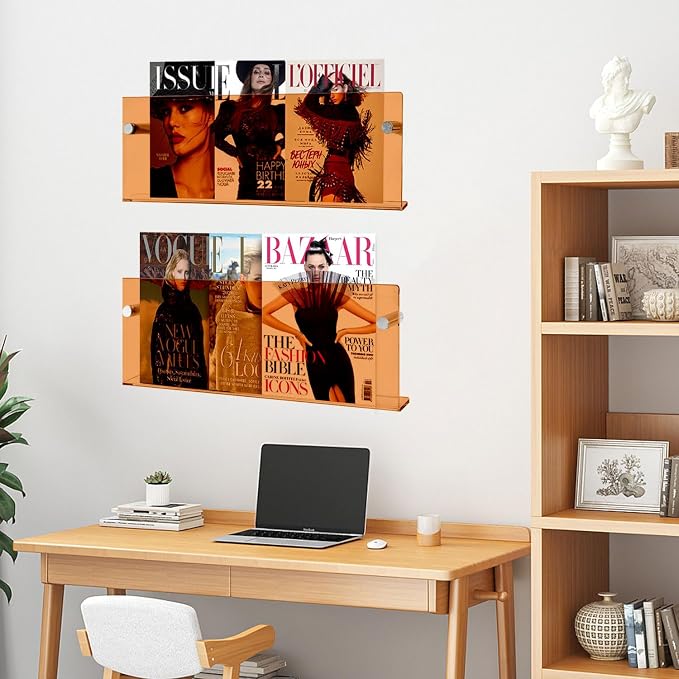 2-Pack Orange Acrylic Magazine Holder Brochure Holder, 24 Inch Hanging Magazine Rack with Hardware, Floating Bookshelf Brochure Display Organizer for Home, Office, Reception Area