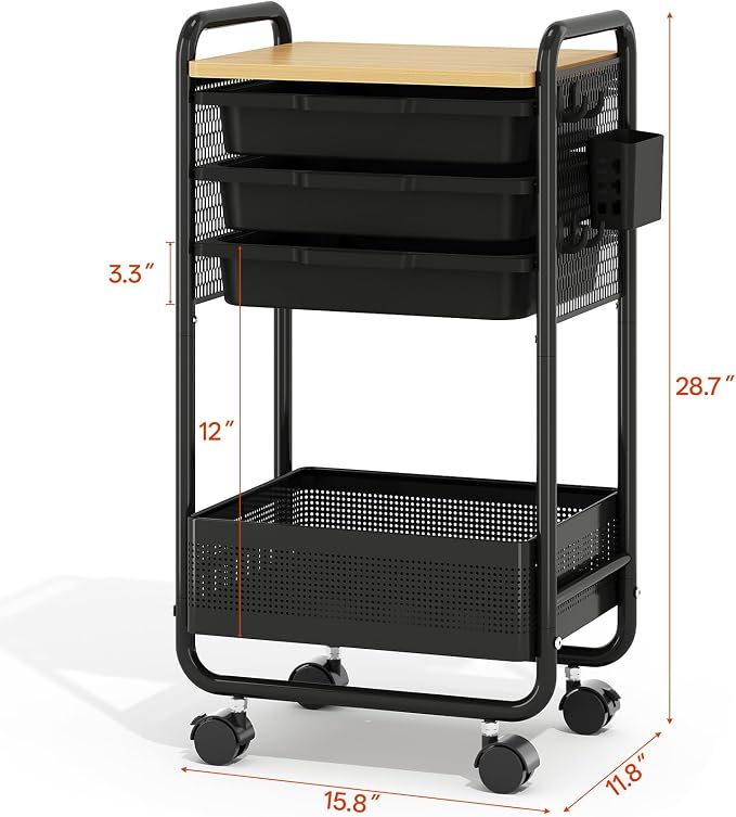 Metal Rolling Storage Cart with 3 Drawers - Utility Cart on Wheels with Pegboard & Wood Tabletop, Multifunctional Trolley Organizer with Hooks & Bin for Living Room,Bedroom,Craft Room,Office,Kids Room