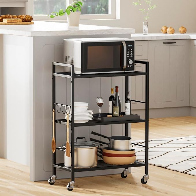 3-Tier Metal Storage Rack with Industrial Wheels,Mesh Shelving Unit with Wooden Table top,Adjustable Shelf,23.6-Inch Width,for Kitchen,Laundry,Pantry,Plant,Black panel and black frame