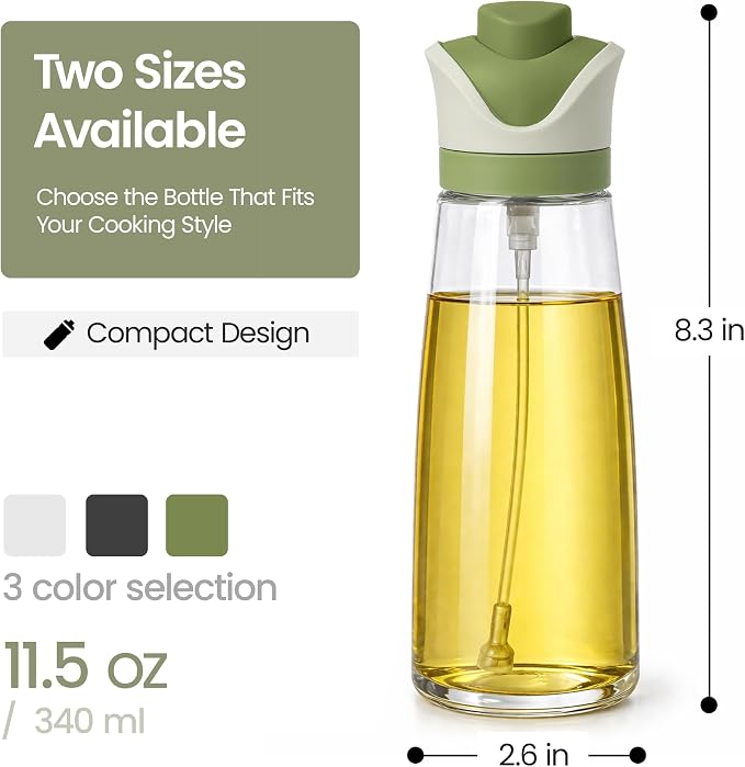 Olive Oil Dispenser for Kitchen 2-in-1 Pour and Spray | 11.5 oz / 340 ml | Glass Olive Oil Sprayer for Cooking, Airfryer, Salad & BBQ | Set of 2 Bottles, Green