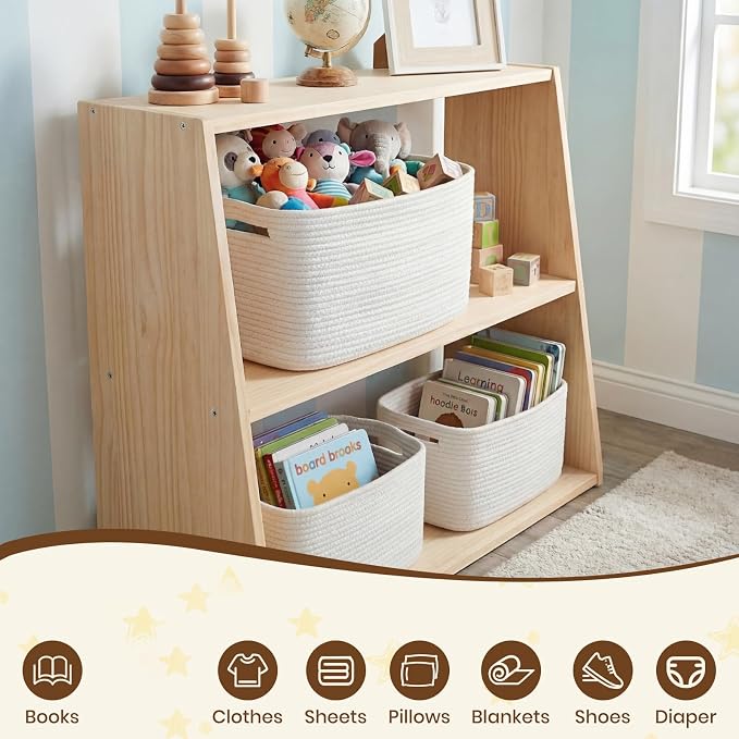 Storage Baskets for Organizing, 14 x 10 x 9” Closet Shelf Woven Baskets, Square Bins with Handles, Cotton Rope Basket for Clothes, Office, Room, White 1 Pack