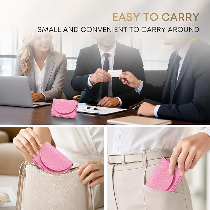 Business Card Holder，PU Leather Business Card Case Wallet Pink | Pocket Travel Name Card Case for Men and Women Gift，Portable Magnetic Business Card Carrier for Purse