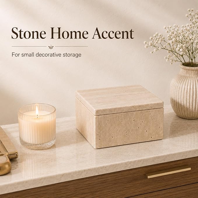 Natural Travertine Square Box with Lid | Natural travertine square box for cotton rounds, balls, jewelry and dry small bathroom items.