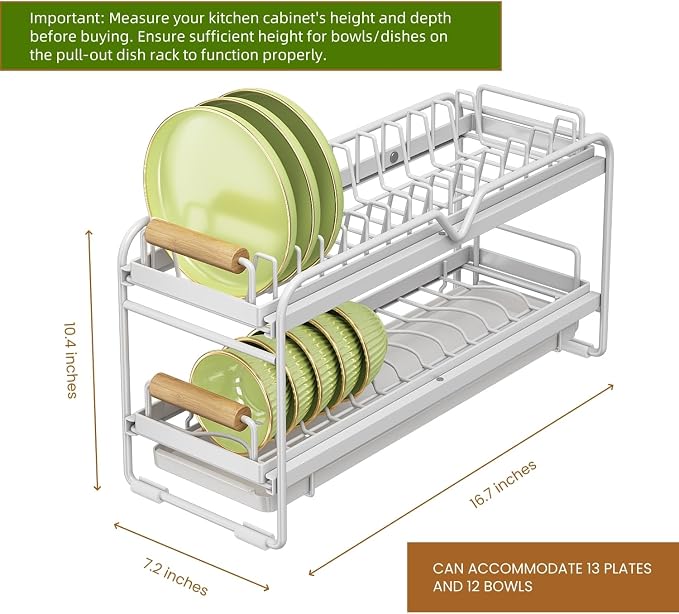 Pull-Out Double/Single Tier Dish Rack for Cupboard, Slide Out Dish Drying Rack for Kitchen Cabinets, Pull Out Drawer for Kitchen Under Sink Organizer (Double Tier Dish Rack)