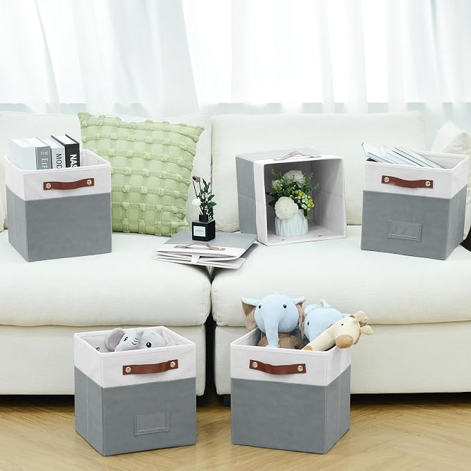 FinishingBo 10.5" x 11" Storage Bins with Labels 6 Pack | PU Leather Handles, Foldable Storage Cubes, Storage Baskets, Closet Storage, White/Dark Grey