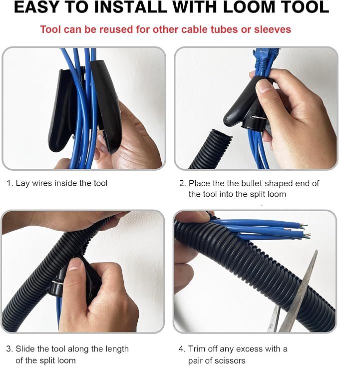 10ft - 1 inch Flame Retardant Split Wire Loom Tubing with Installation Tool - Flexible Wire Covers Cord Protectors - Black