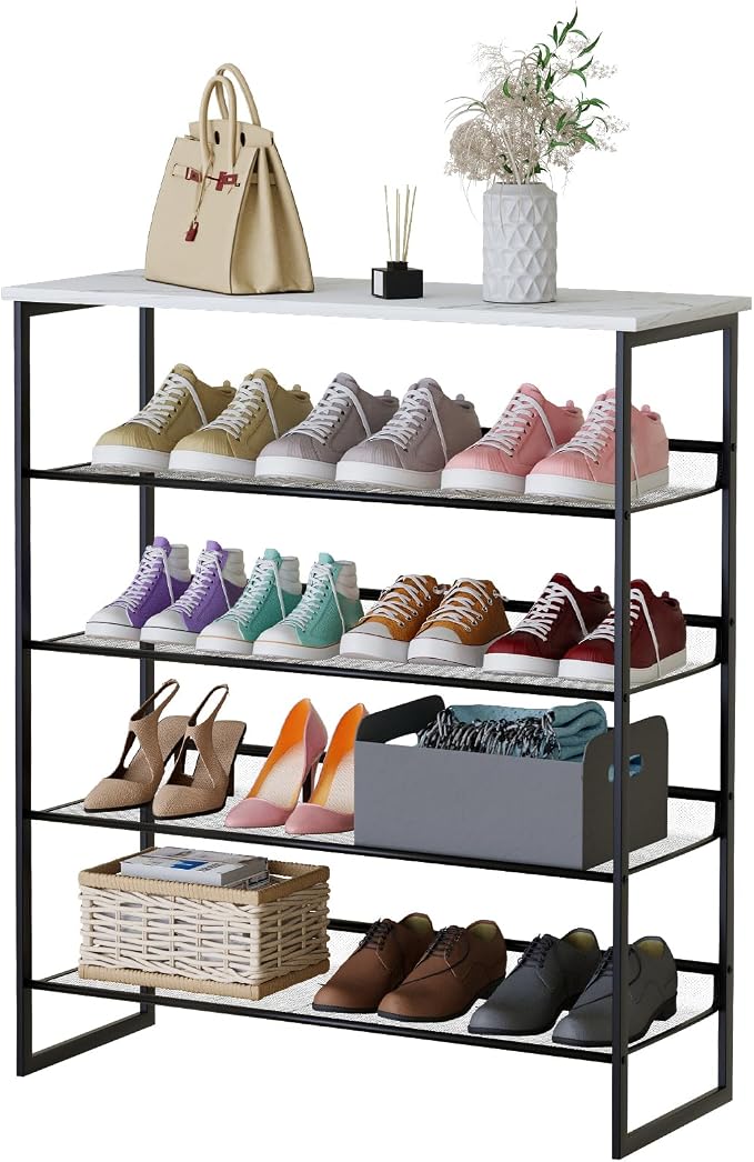 Garden 4 you Shoe Rack for Entryway 5 Tiers 11.8" D x 29" W x 36.5" H, Metal Shoe Rocks with White Wooden Tabletop, Angled Shoes Rack with Adjustable Mesh Shelves for Entryway Hallway Closet