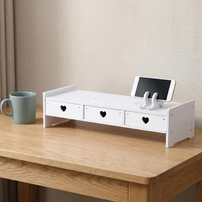Computer Monitor Riser with Drawer Keyboard Storage Rack for Desk Organization Desk Shelf Organizer for Laptop 19.29 X 7.48 X 3.93 in White Wood-Composite