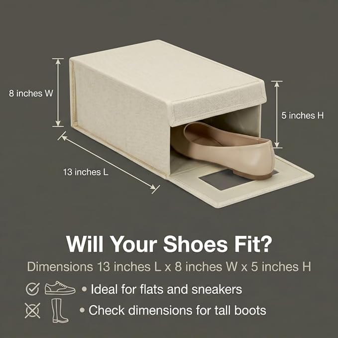 Household Essentials Small Drop Front Shoe Box with Clear Front Panel, Sturdy Poly‑Blended Linen, Cream Finish, Set of 2