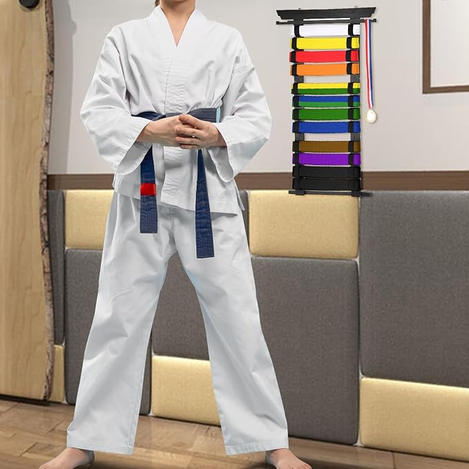 JUXYES Wall Hanging Martial Arts Belts Organizer for 8 12 Belts with Medal Hanger and Stickers, Bamboo Karate Belt Display Holder Rack, Taekwondo Belt Display Holder for Martial Arts Learners