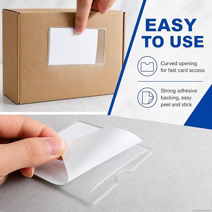 100 Pack Clear Self Adhesive Business Card Pockets, 2.5 x 3.7 inch | Clear top opening adhesive card holders for business cards, storage bin labels, shelf tags, and shop organization