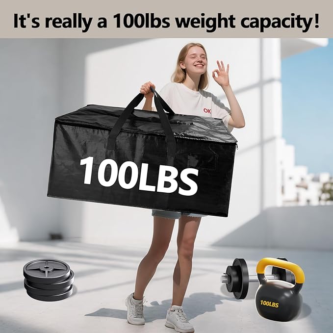 12 Pack Waterproof Moving Bags with Strong Zippers and Reinforced Handles, Real 100lb Capacity Extra Heavy Duty Large Storage Totes for Packing & Moving Storing, Alternative to Moving Boxes -95L,Black