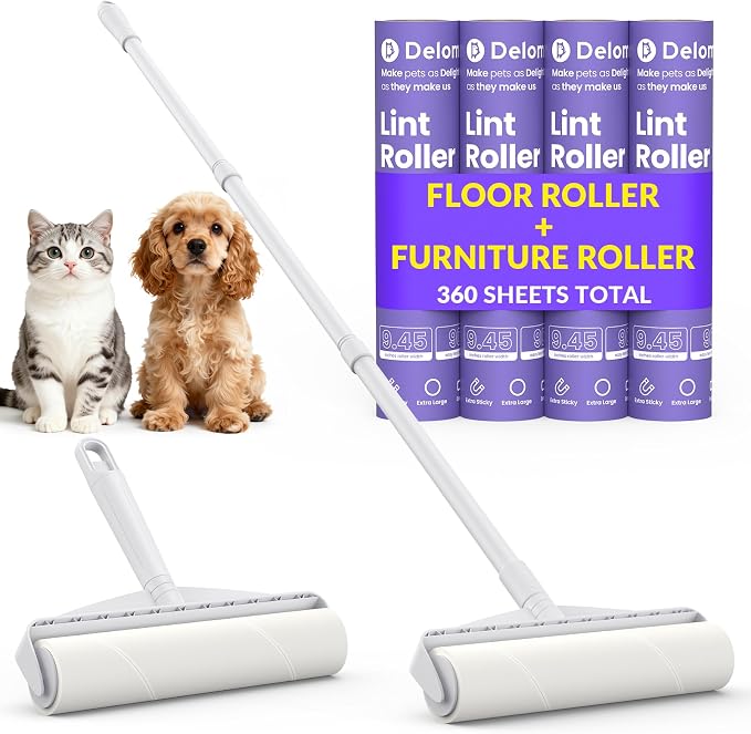 DELOMO 9.45” Large Lint Roller for Pet Hair, Long & Short Handles, 2 Packs | 360 Extra Sticky Sheets Total, Long Handle for No-Bend Cleaning Floors & Carpets, Short Handle for Couches & Furniture