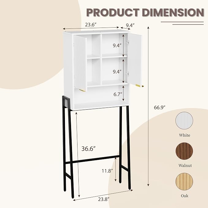 25" W Over The Toilet Storage Cabinet with Fluted Door,Bathroom Organizers and Storage with Adjustable Shelves, Modern Over Toilet Organizer for Bathroom,Restroom,Laundry,White